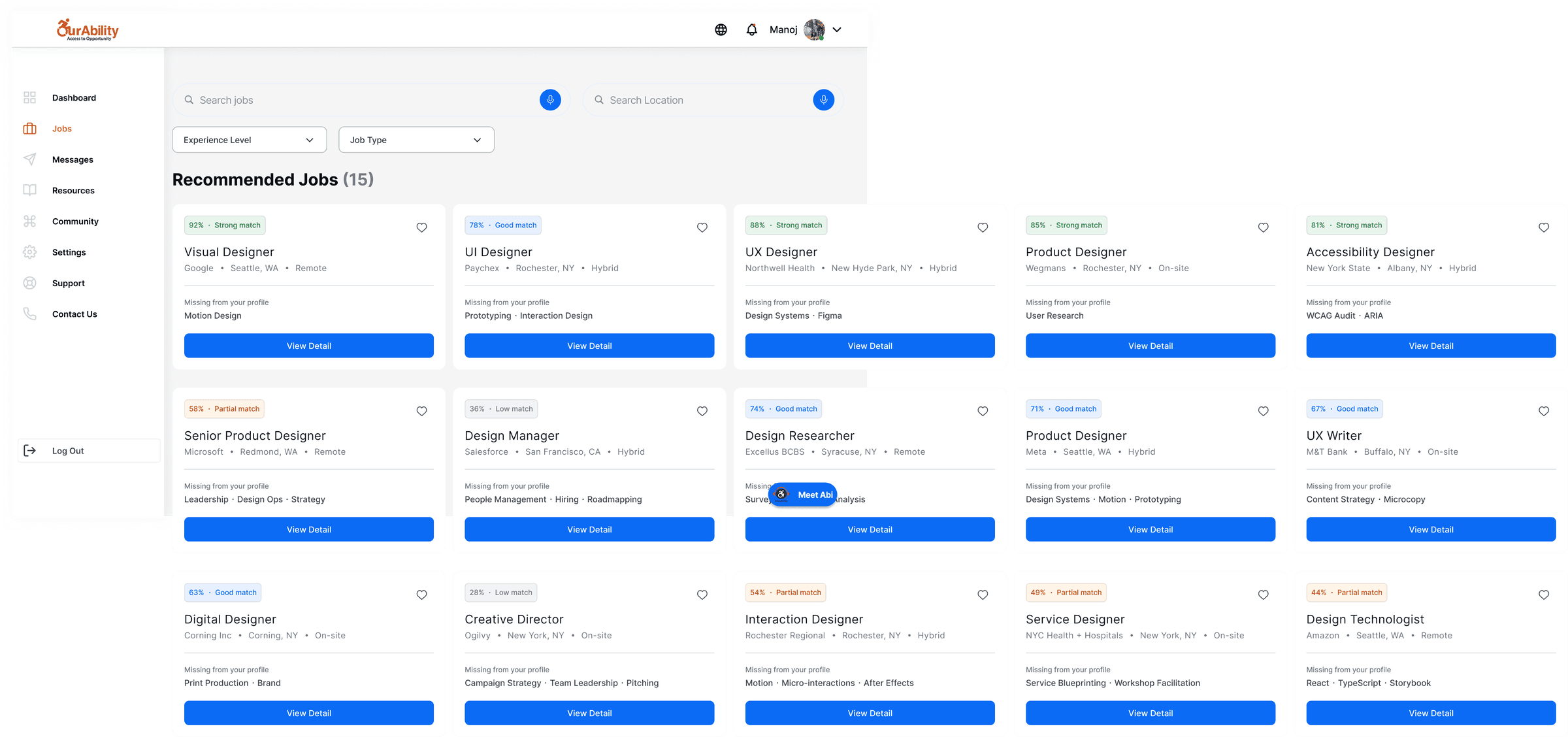 After: Before and after. The match percentage and the missing-skills line mean you can judge a listing without opening it. Across the full grid, the four match bands are distinguishable by label as well as colour.