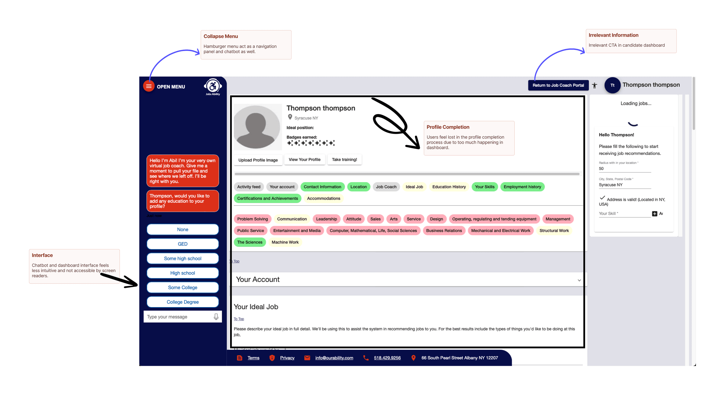 My annotations on the old candidate dashboard. Everything competing for the same space, and a chatbot doing two jobs at once.