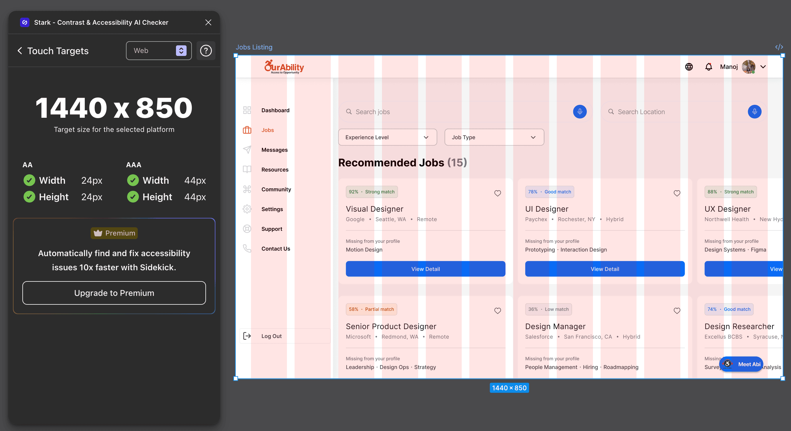 Touch target audit. Every interactive element clears the 44px minimum, which matters more than usual on a platform where a lot of people have motor impairments.
