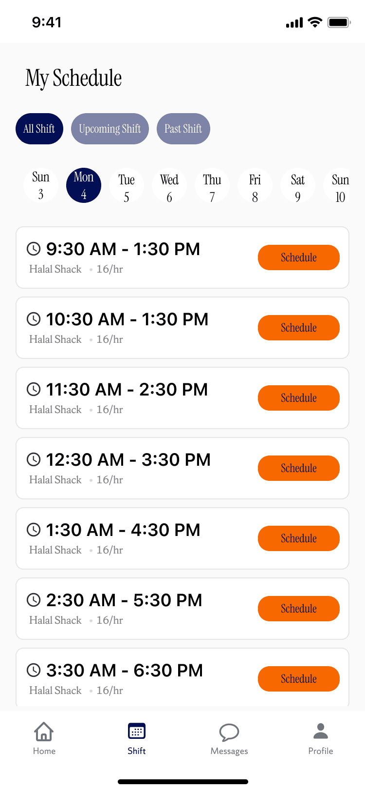 My Schedule, all booked shifts