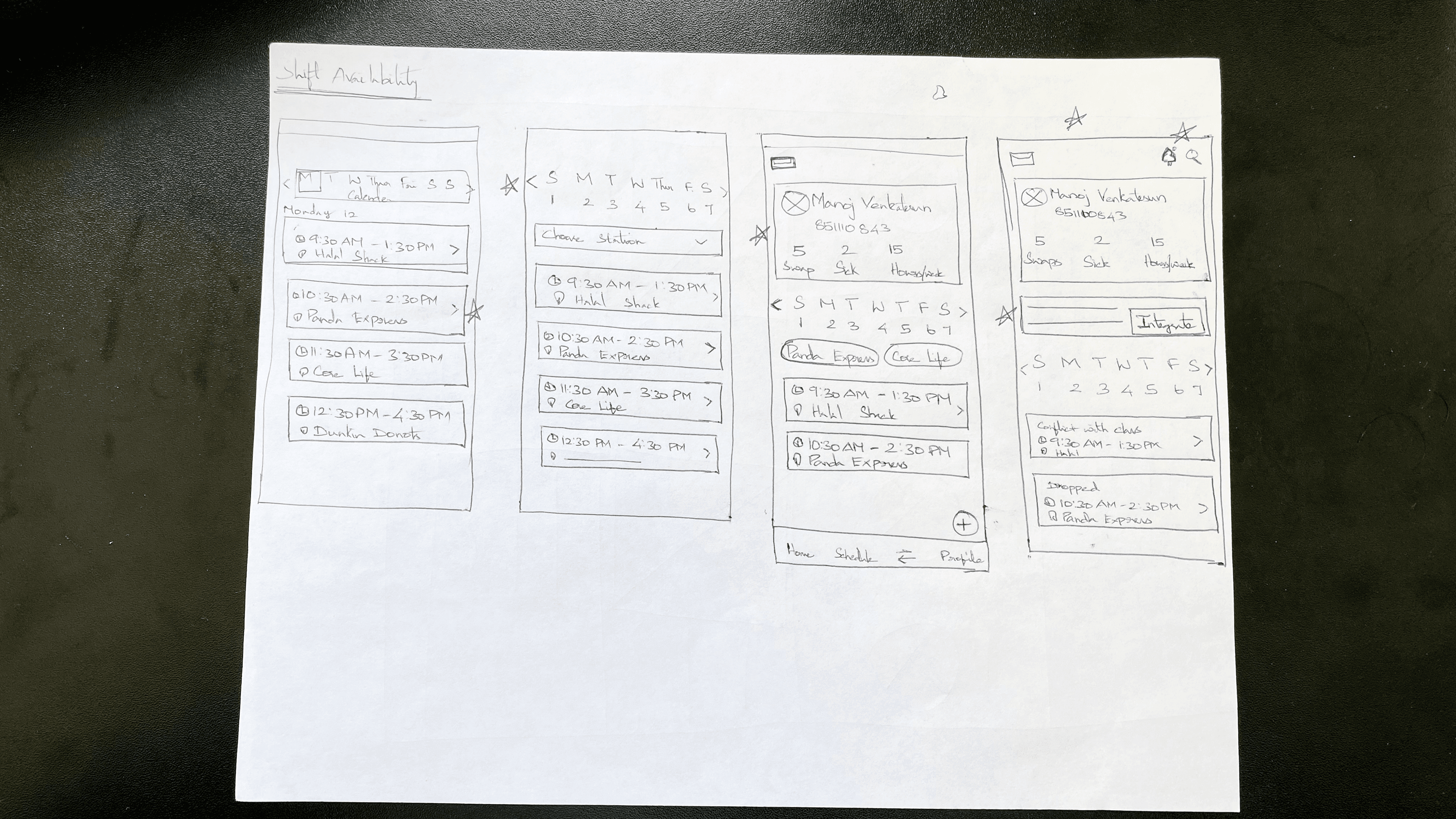 Early wireframe, schedule and swap/drop flow