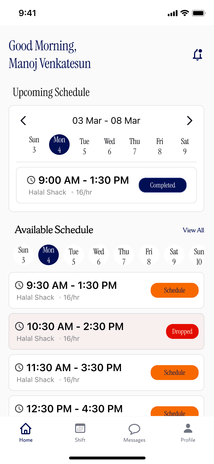 Home screen, available shifts for the week
