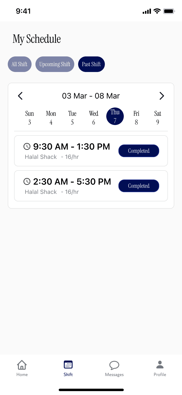 Past Schedule, completed and dropped shifts