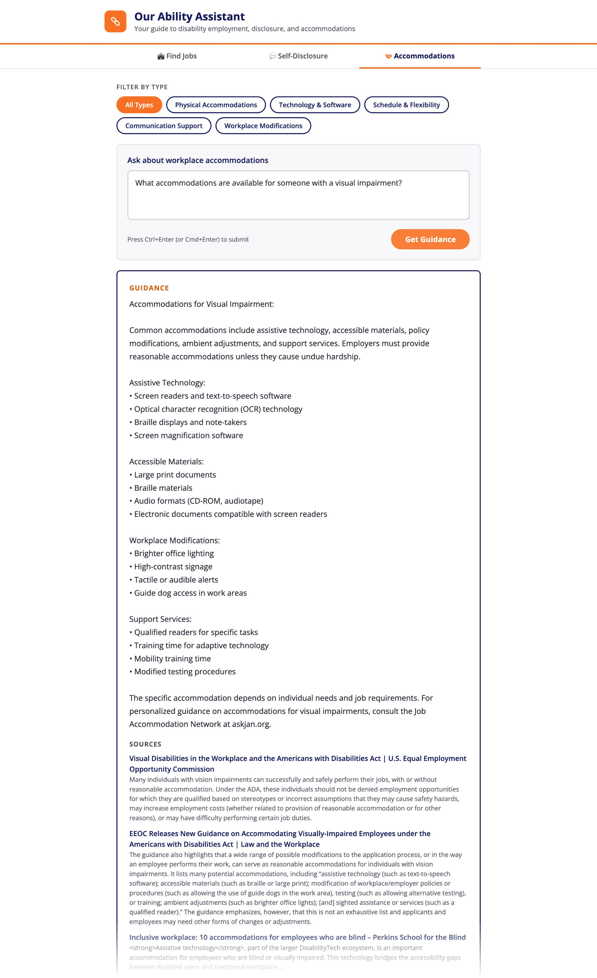 An accommodations answer, with its sources listed underneath so a candidate can check the reasoning instead of taking it on trust.