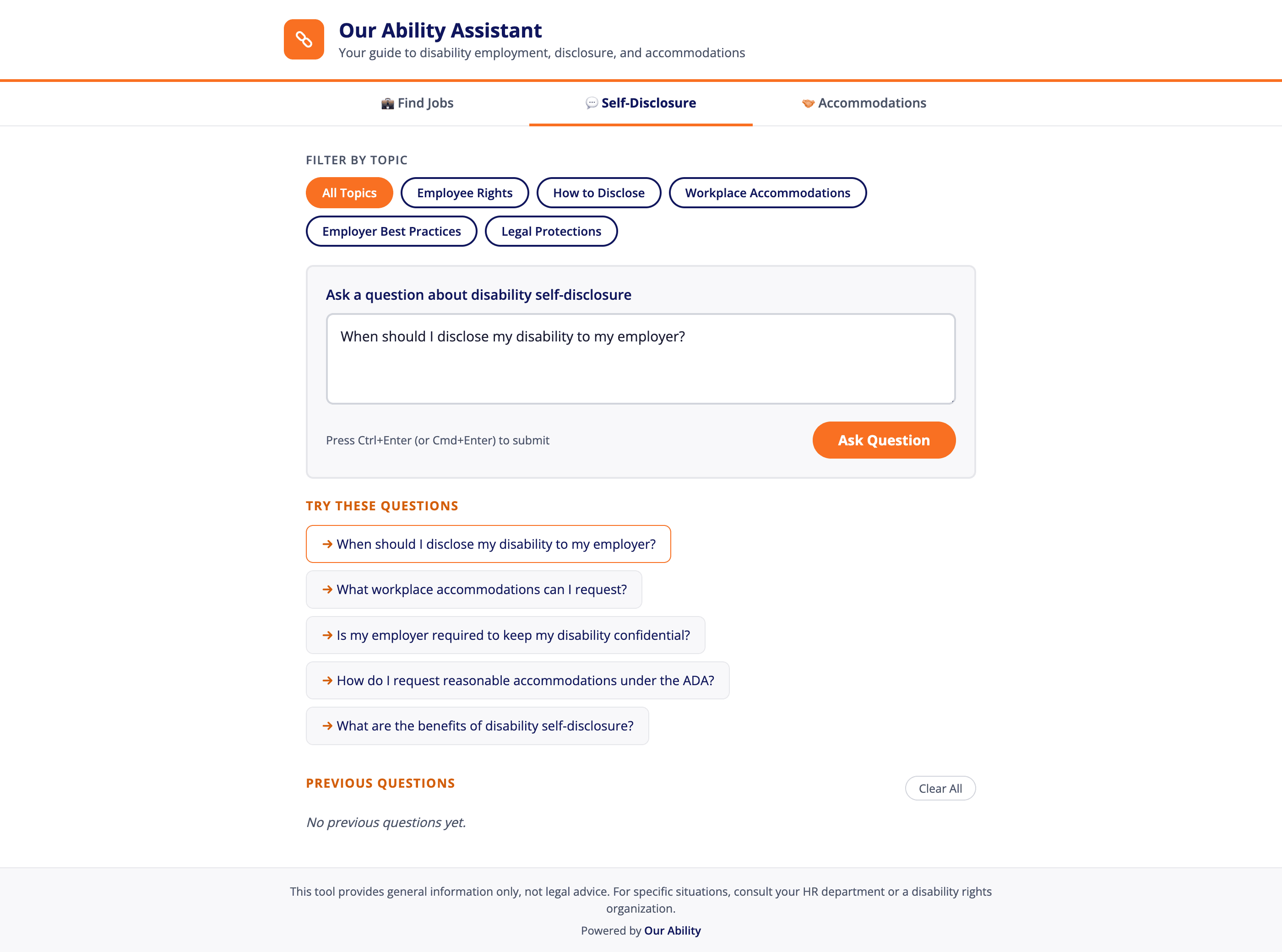 The Self-Disclosure tab. Questions get asked in plain language rather than picked from a list.
