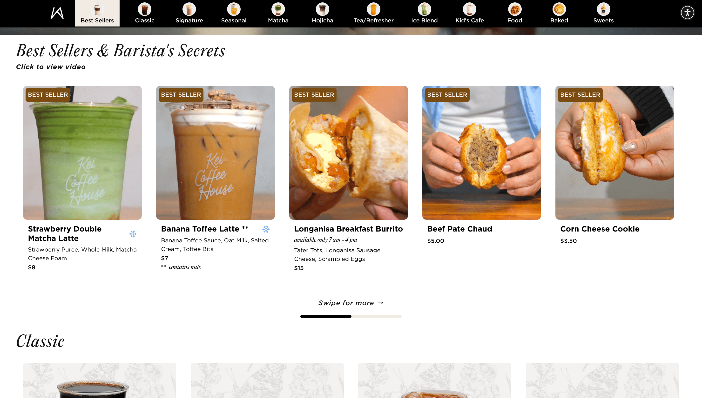 Kei Coffee House, best seller chips on a horizontal carousel of photo cards under italic serif headings