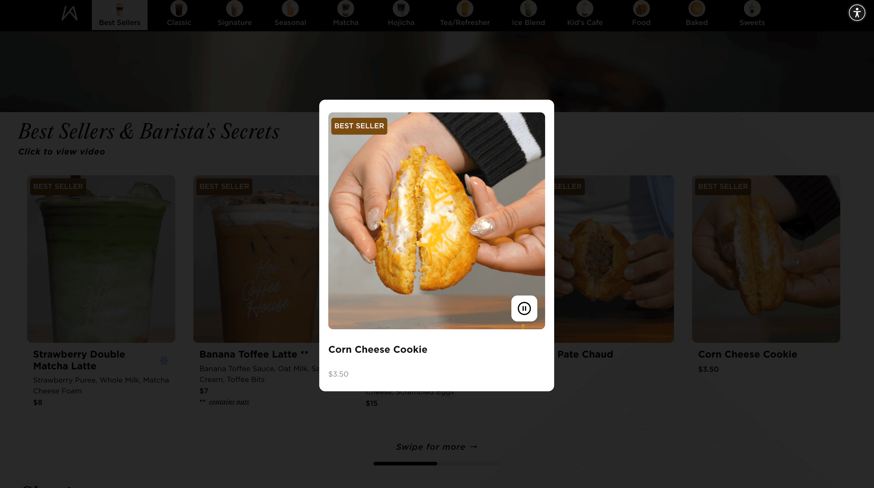 The modal that came out of watching people at Kei, with the video playing at the top and the item name and price underneath.