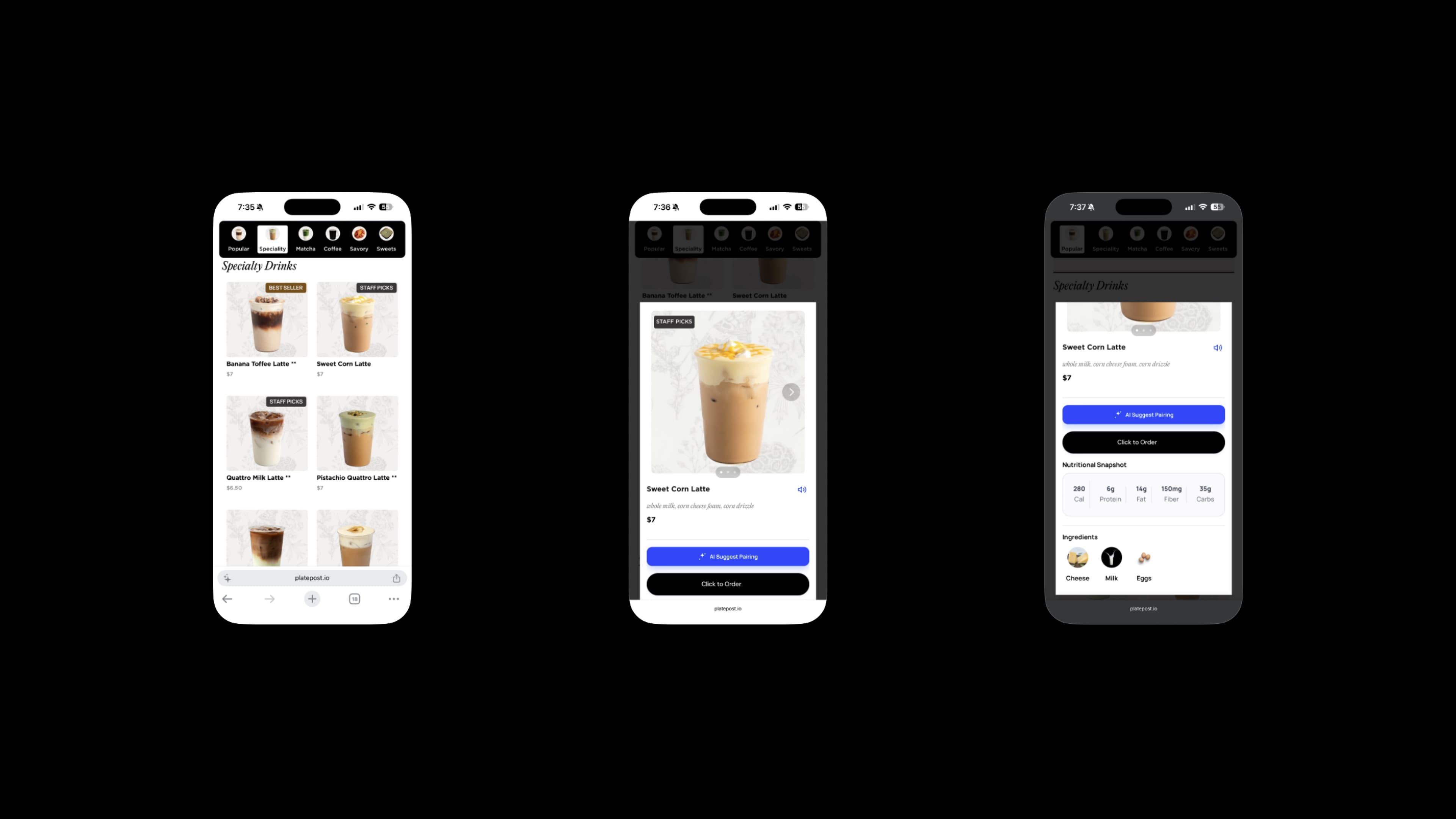 Three screens from the second version of Kei's menu, showing photo chips for categories, an AI Suggest Pairing button, a Click to Order button, and a nutrition and ingredients panel. This never shipped.