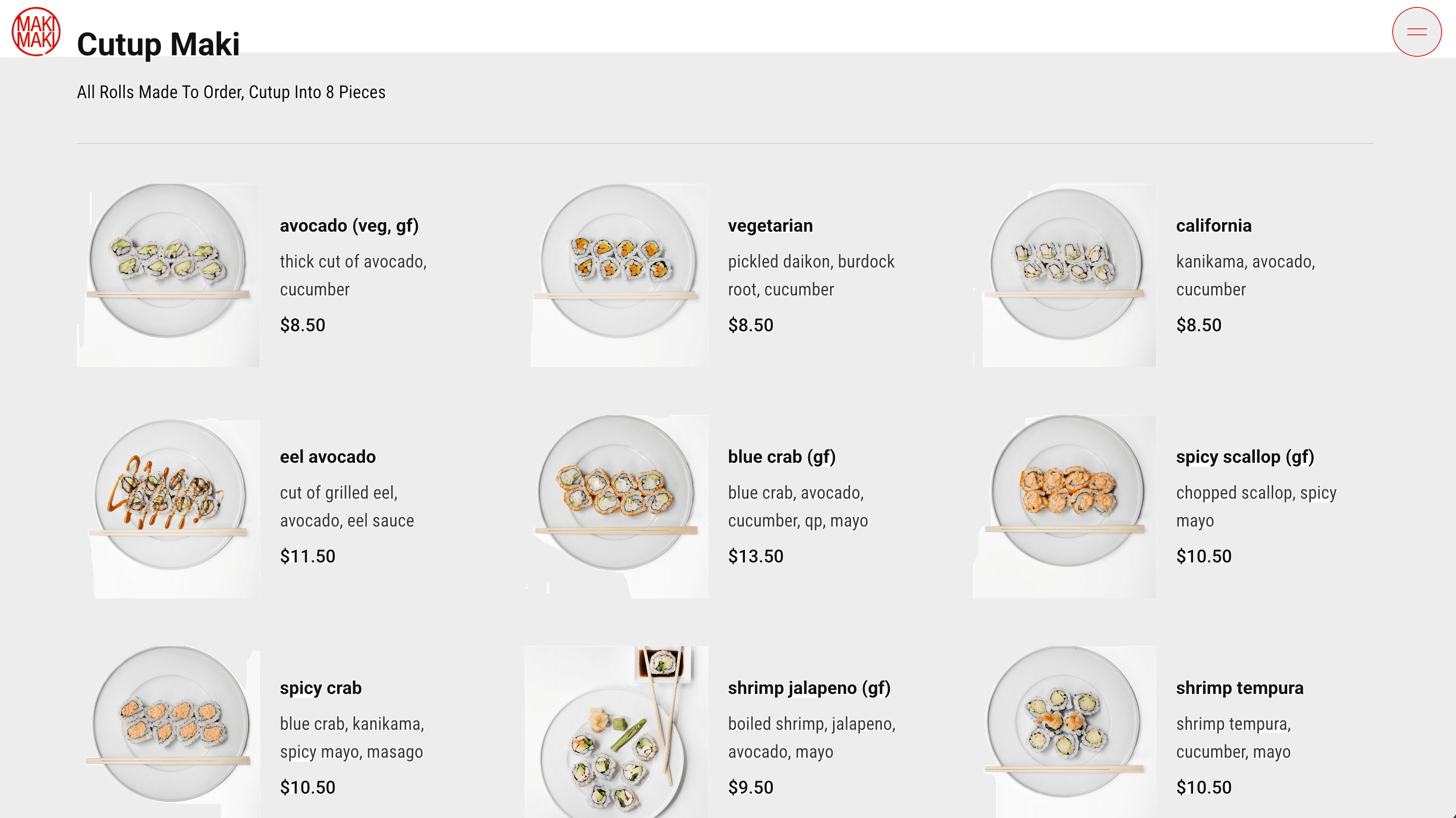 MakiMaki Sushi, a three column grid with a photo beside each item name and price