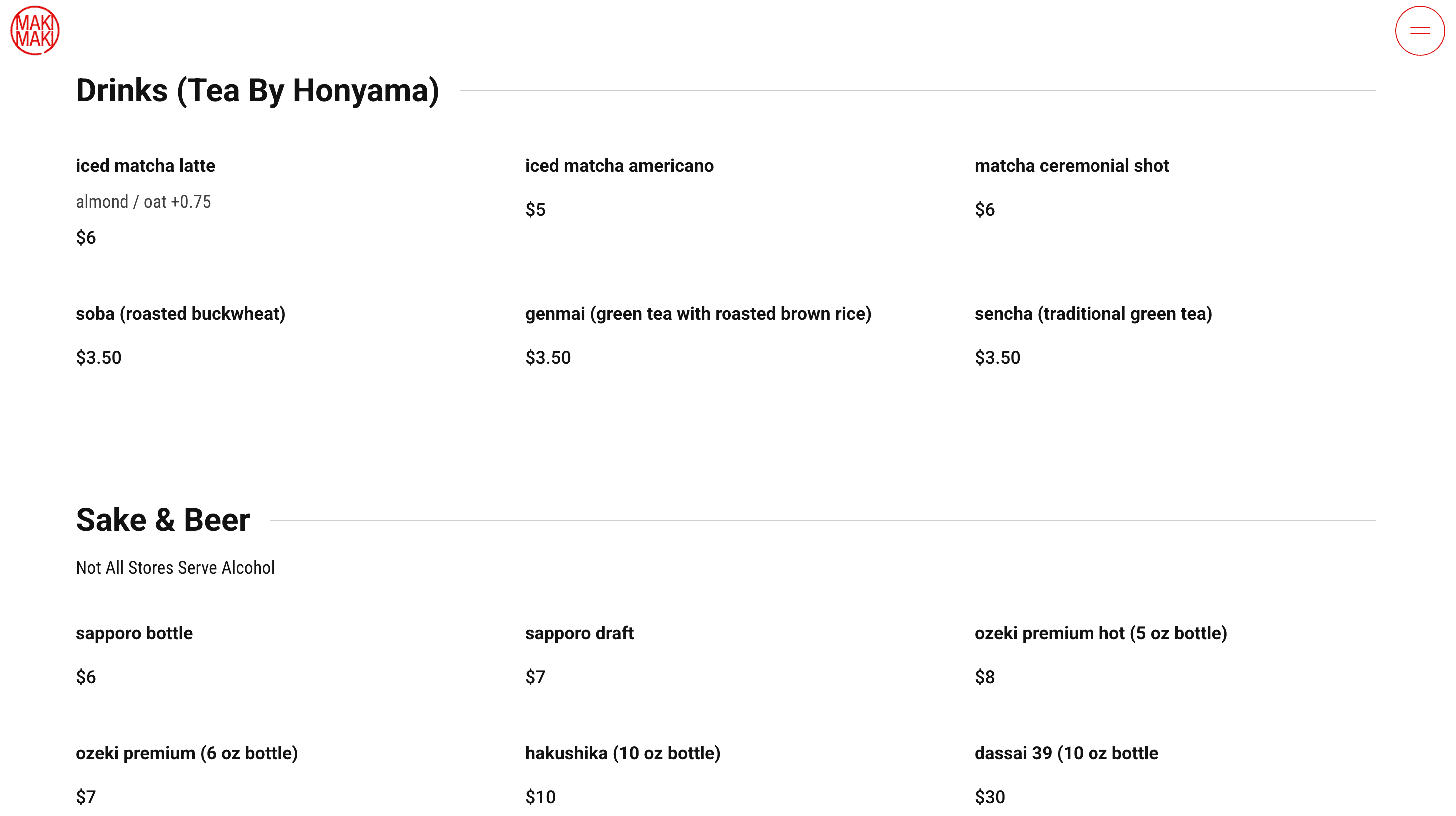 The drinks and sake sections at MakiMaki run as name and price only, with no image slot and no empty placeholder.