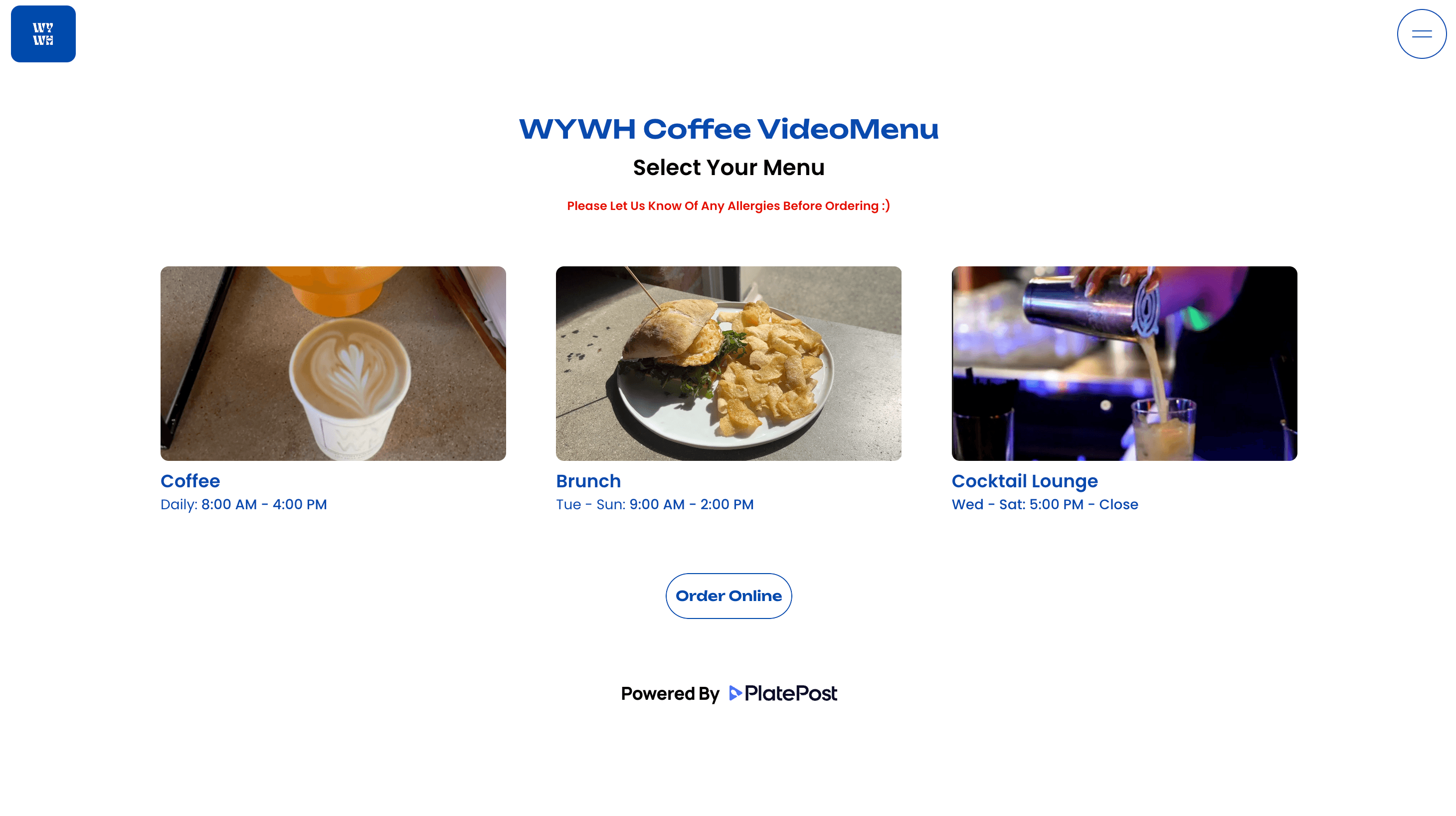 WYWH opens on three service cards, Coffee, Brunch and Cocktail Lounge, each showing its hours, rather than opening on food.